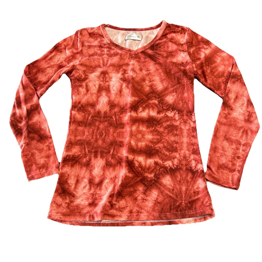 JV Joan Vass Whimsigoth Long Sleeve Tie Dye Shirt Orange Red Y2K Vneck Top M